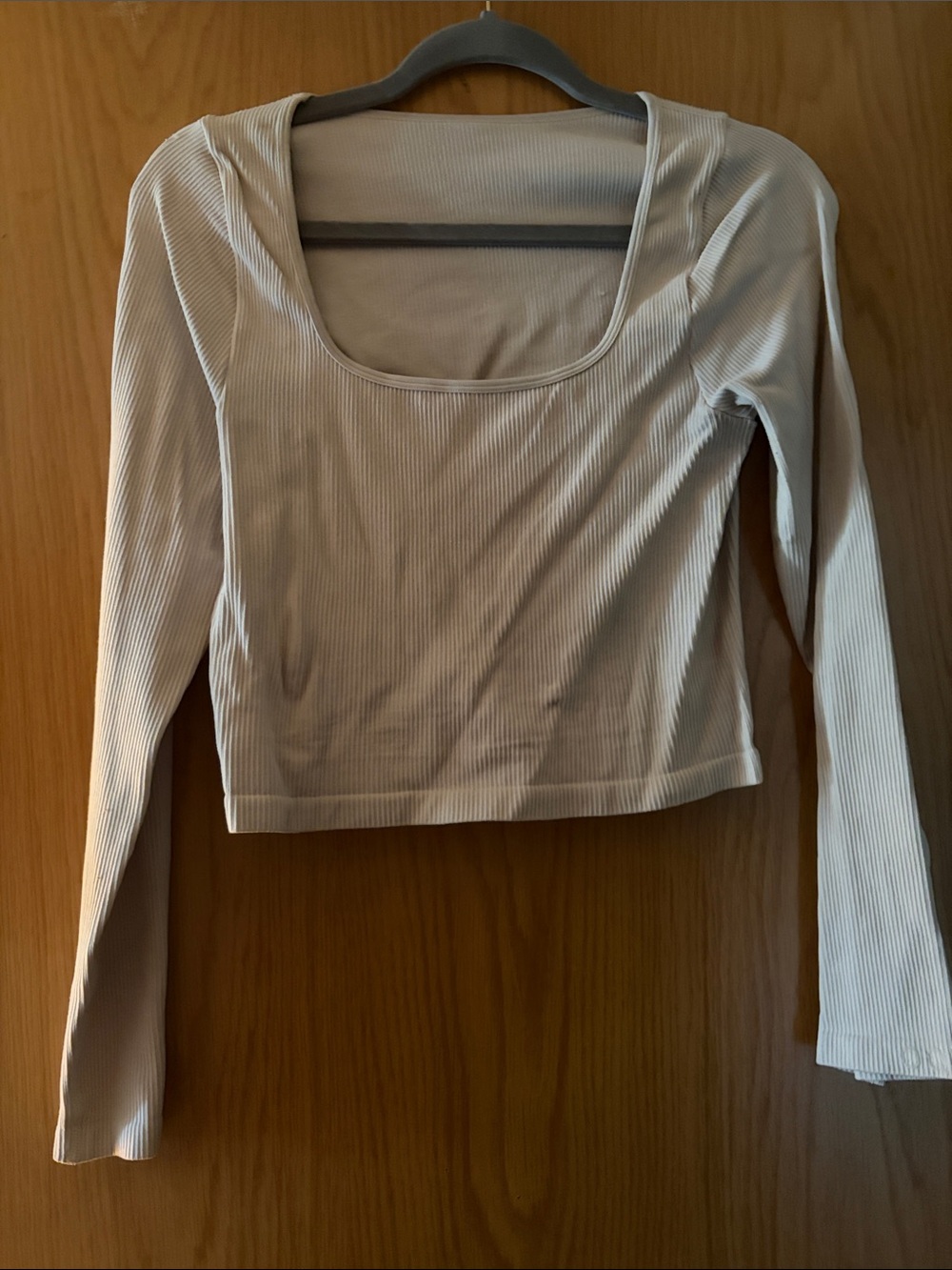 Ribbed Square-Neck Long Sleeve Crop Top - Cream